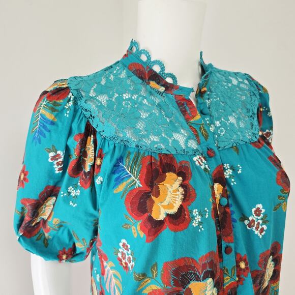 Farm Rio Anthropologie Giustina Top S Blue Short Sleeve Floral Lace Button Down - Picture 2 of 7